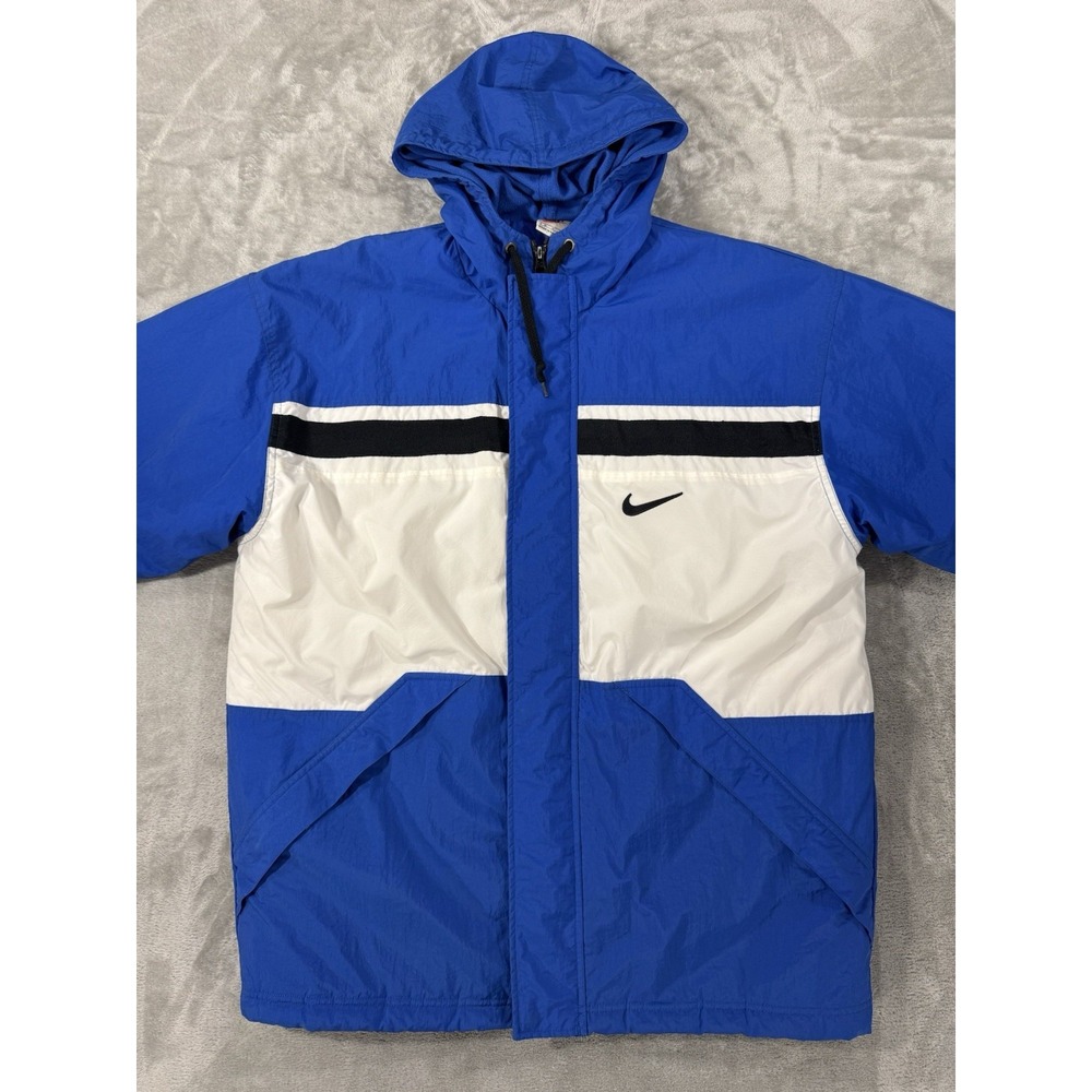 Vintage Nike Jacket Mens M Blue White Embroidered Big Swoosh Hooded Quilt Lined